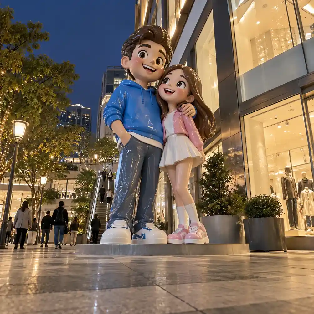 Large cartoon-style fibreglass sculpture of a couple installed in front of a retail storefront on a lit shopping street, with planters and paving for scale