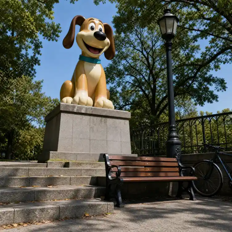 Large cartoon-style fibreglass dog sculpture on a stone plinth in a public park, a bench and lamp post beside it for scale