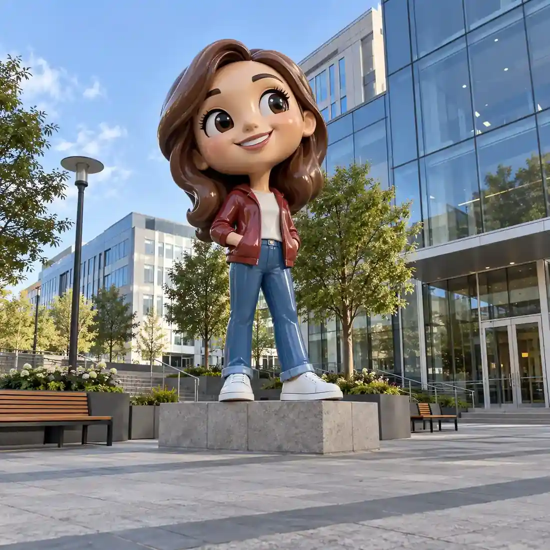 Life-size gloss-painted fibreglass cartoon sculpture of a young woman installed on a public plaza, with planters and glass facades for scale