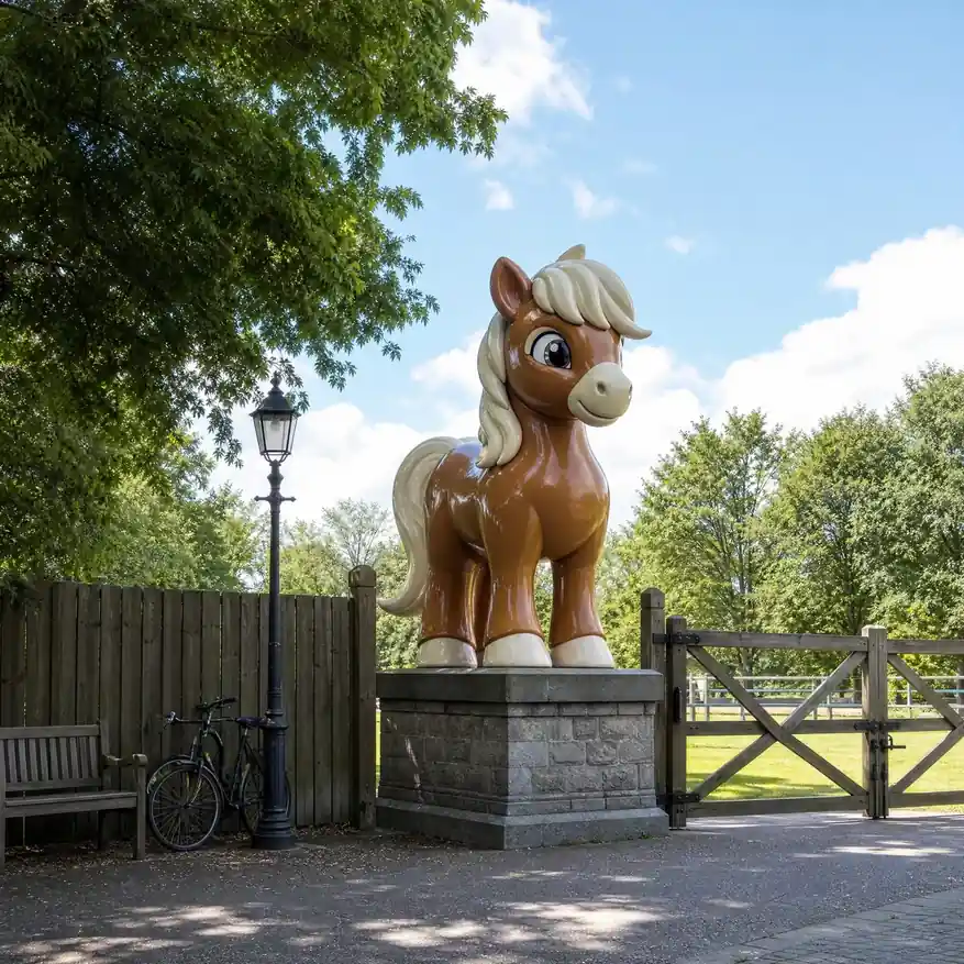 Large cartoon-style fibreglass pony sculpture at the gated entrance of a public park, a fence, bench and bicycle beside it for scale