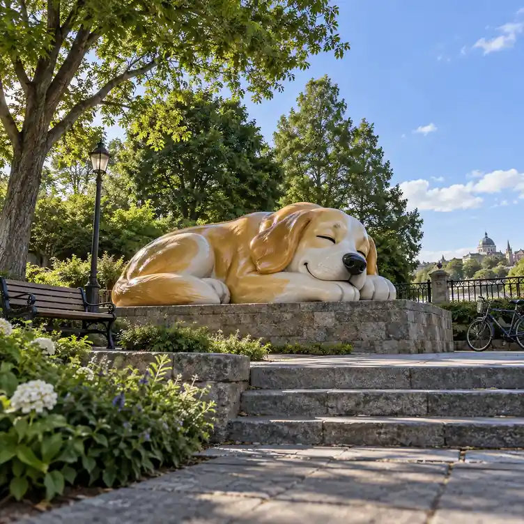 Large cartoon-style fibreglass memorial sculpture of a sleeping dog on a low stone base in a public garden