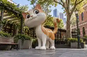 Cartoon cat sculpture in gloss-painted fibreglass in a café courtyard in Melbourne, with paving, a bench and planters under a pergola