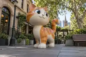 Three-quarter view of a cartoon cat fibreglass sculpture with hand-painted tabby detail in a café courtyard