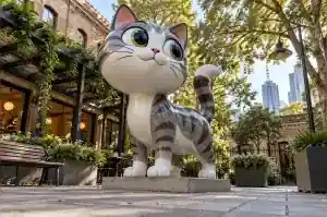 Detail of the painted head of a cartoon cat fibreglass sculpture