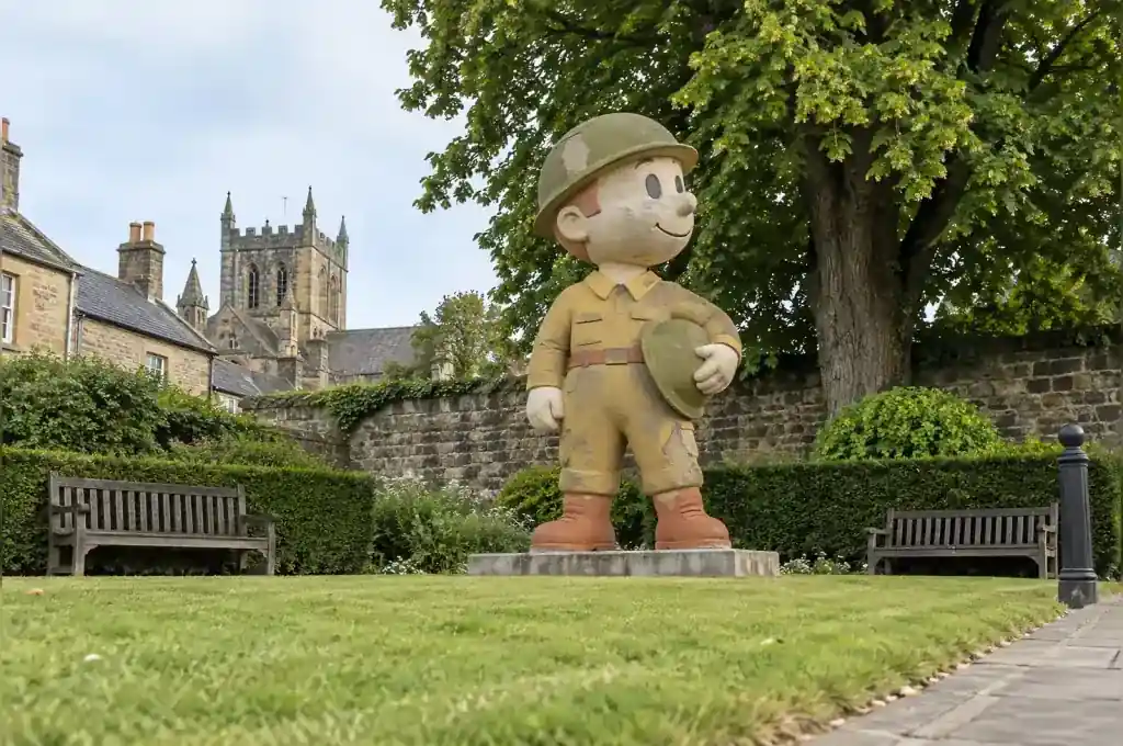 Weathered fresco-finished cartoon veteran sculpture in a Hexham town memorial garden