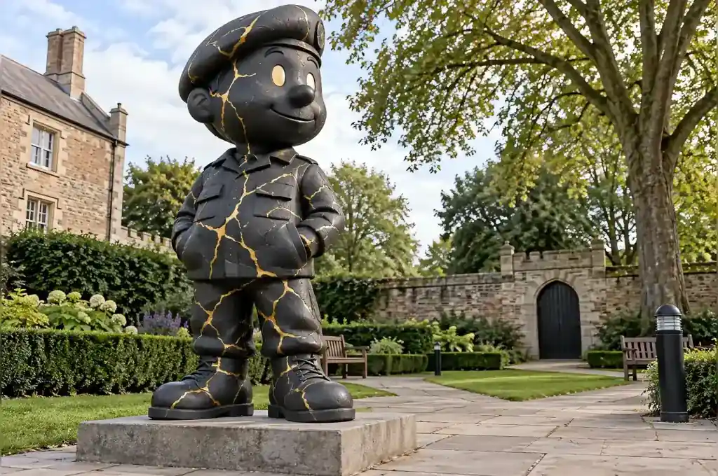 Kintsugi-finished cartoon veteran sculpture with gold fracture seams in a York veterans home garden