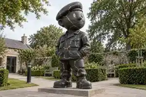 Three-quarter view of a matte charcoal veteran figure sculpture repaired with raised gold seams