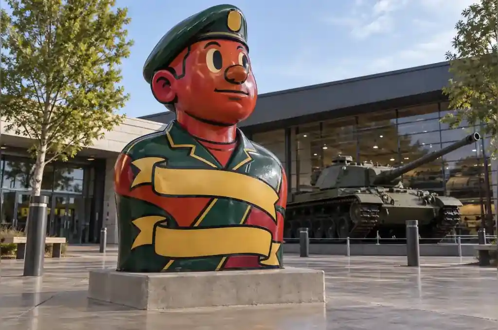 Tattoo-flash painted cartoon veteran bust with heavy black outlines in a regimental museum