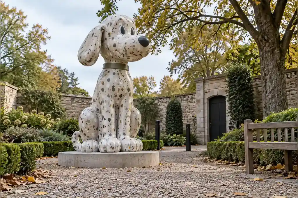 1.8 m cartoon dog memorial figure seated at the end of a gravel path in a veterinary memorial garden in Guelph, Canada